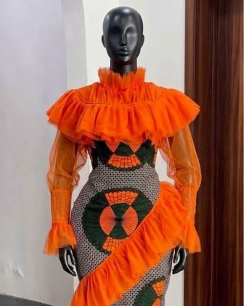 Tangerine Ruffle Ankara Gown