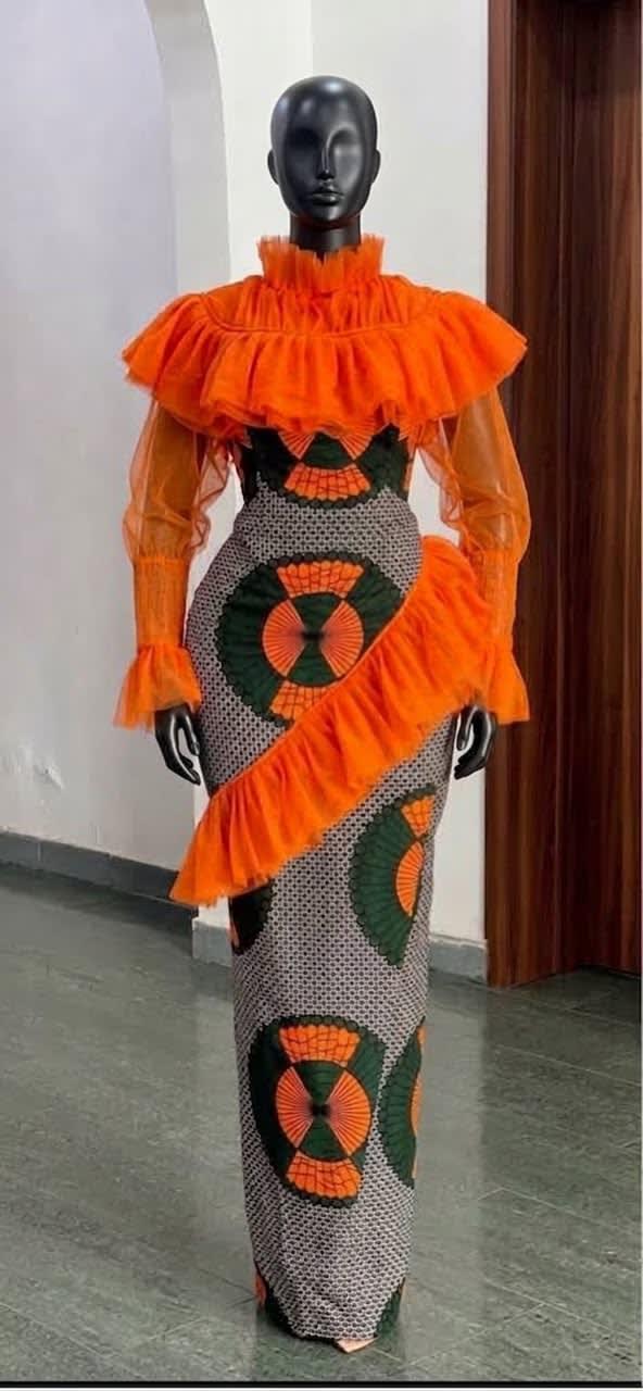 Tangerine Ruffle Ankara Gown